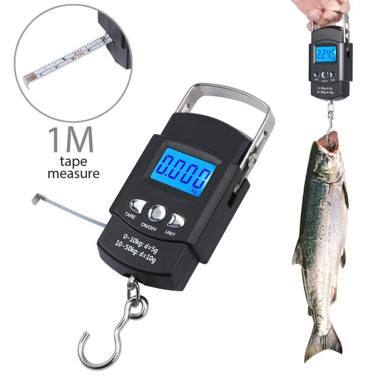 FLYSAND Electronic Scale Backlit LCD Display 110lb/50kg with Measuring Tape Balance Digital Fishing Hanging Hook Scale Tool